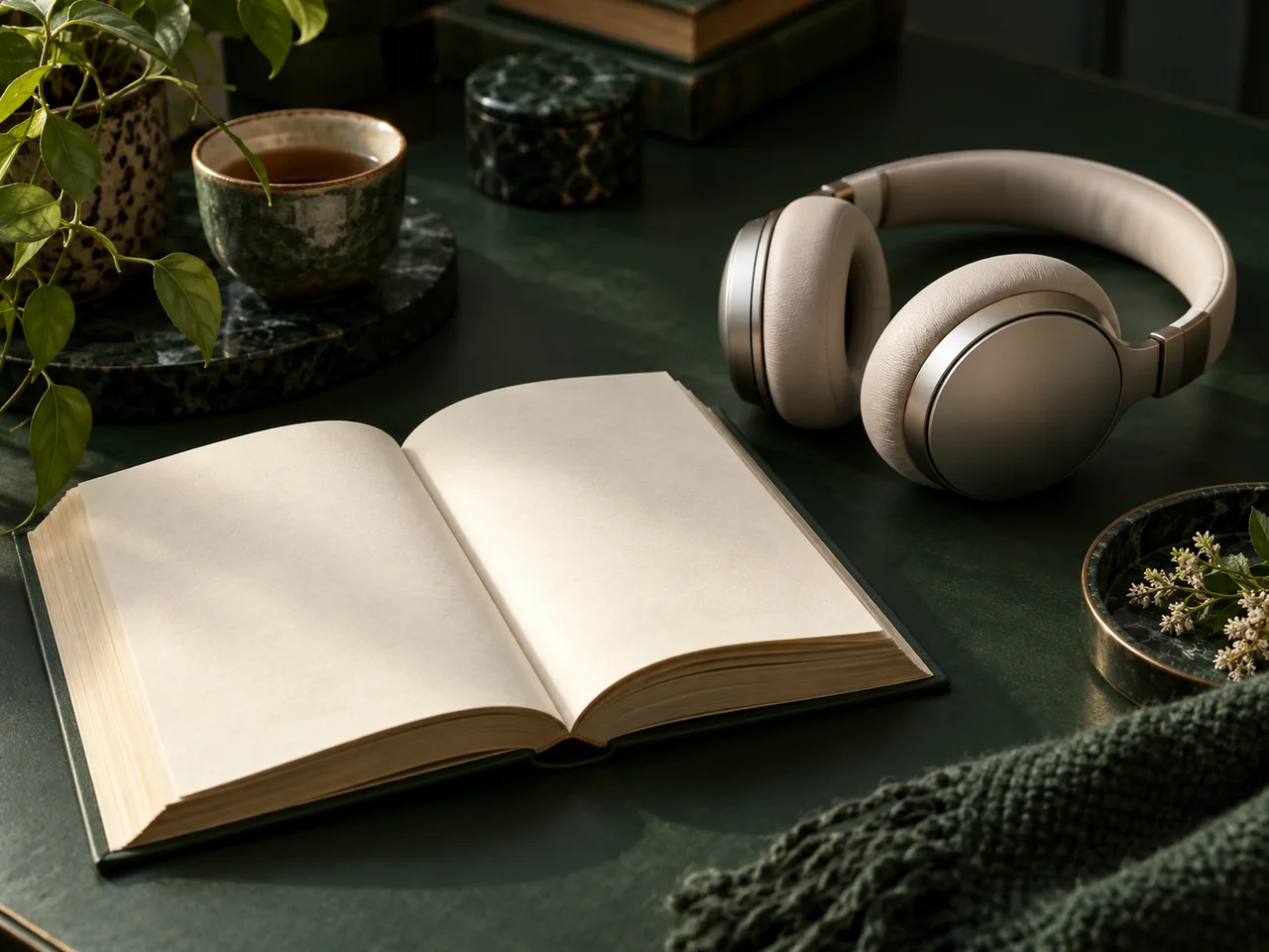 Открытая книга и наушники для прослушивания аудиорассказа